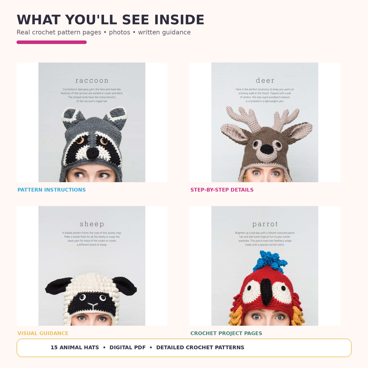 🧶 15 Adorable Animal Hats – Crochet Pattern Bundle