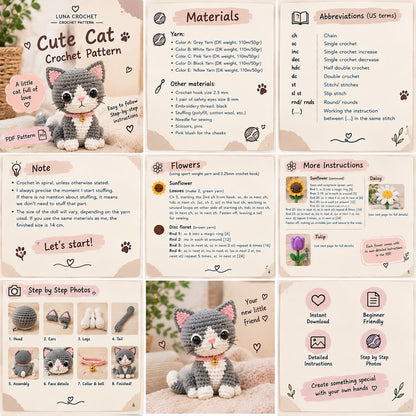 Cute Cats & Flowers Crochet Pattern – PDF 🐱🌸