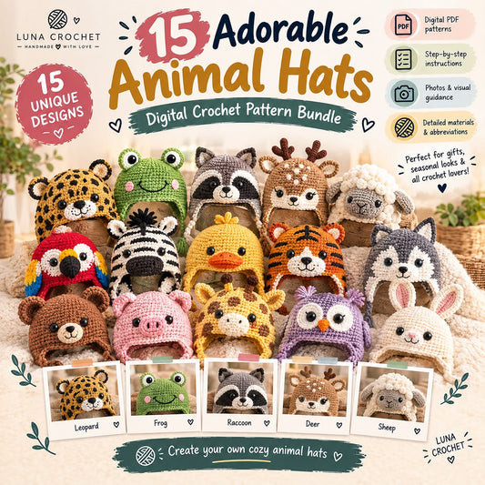 🧶 15 Adorable Animal Hats – Crochet Pattern Bundle